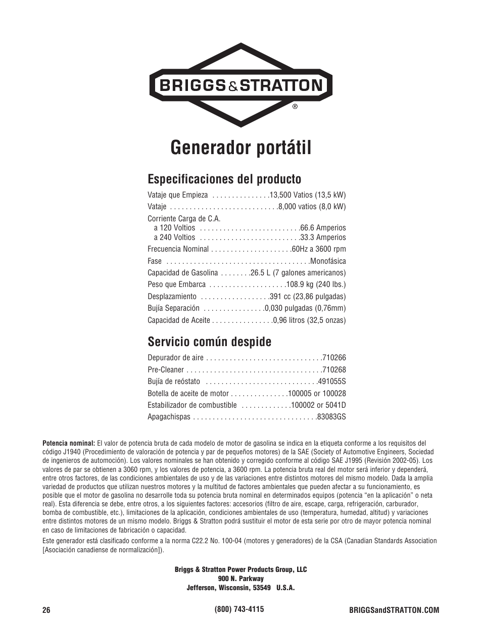 Generador portátil, Especificaciones del producto, Servicio común despide | Briggs & Stratton 206405GS User Manual | Page 52 / 52