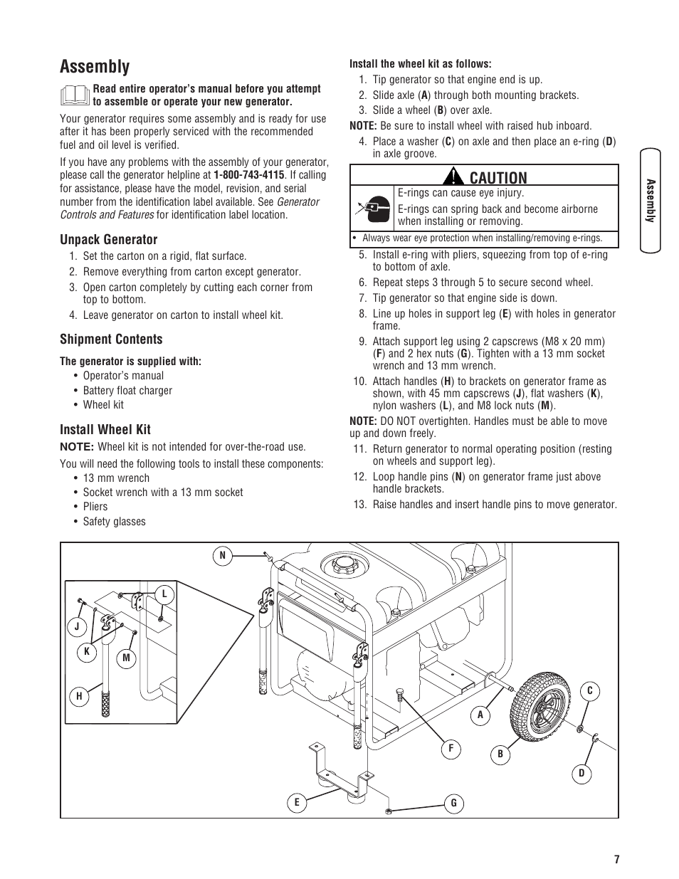 Assembly, Unpack generator, Shipment contents | Install wheel kit, Montaje, Desembalaje del generador, Instale el juego de ruedas, Caution | Briggs & Stratton 206405GS User Manual | Page 7 / 52