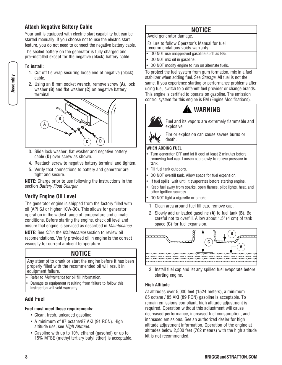 Attach negative battery cable, Verify engine oil level, Add fuel | Conecte el cable negativo de, Comprobar el nivel de aceite, Notice, Warning | Briggs & Stratton 206405GS User Manual | Page 8 / 52