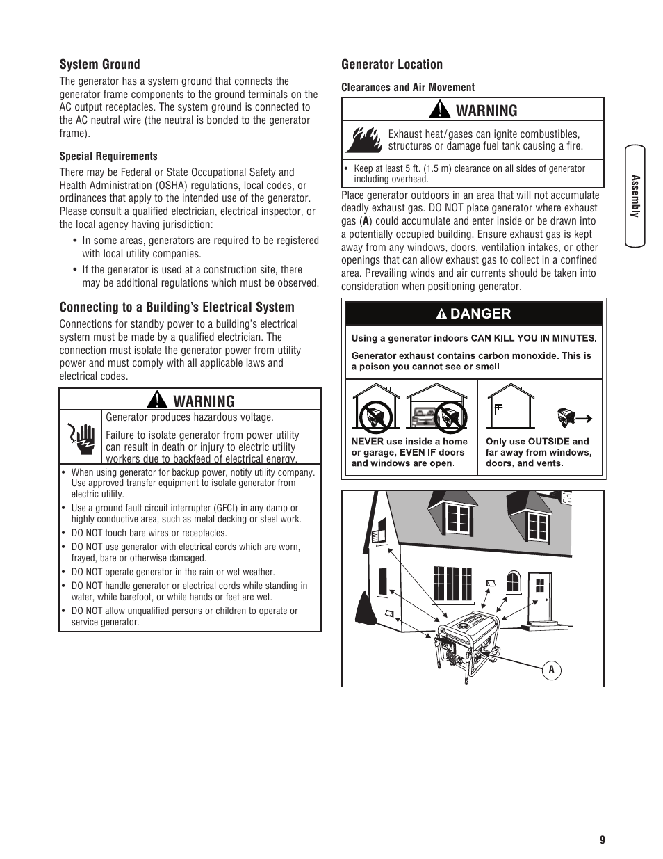 System ground, Connecting to a building’s e, Generator location | Agregue combustible, Warning | Briggs & Stratton 206405GS User Manual | Page 9 / 52