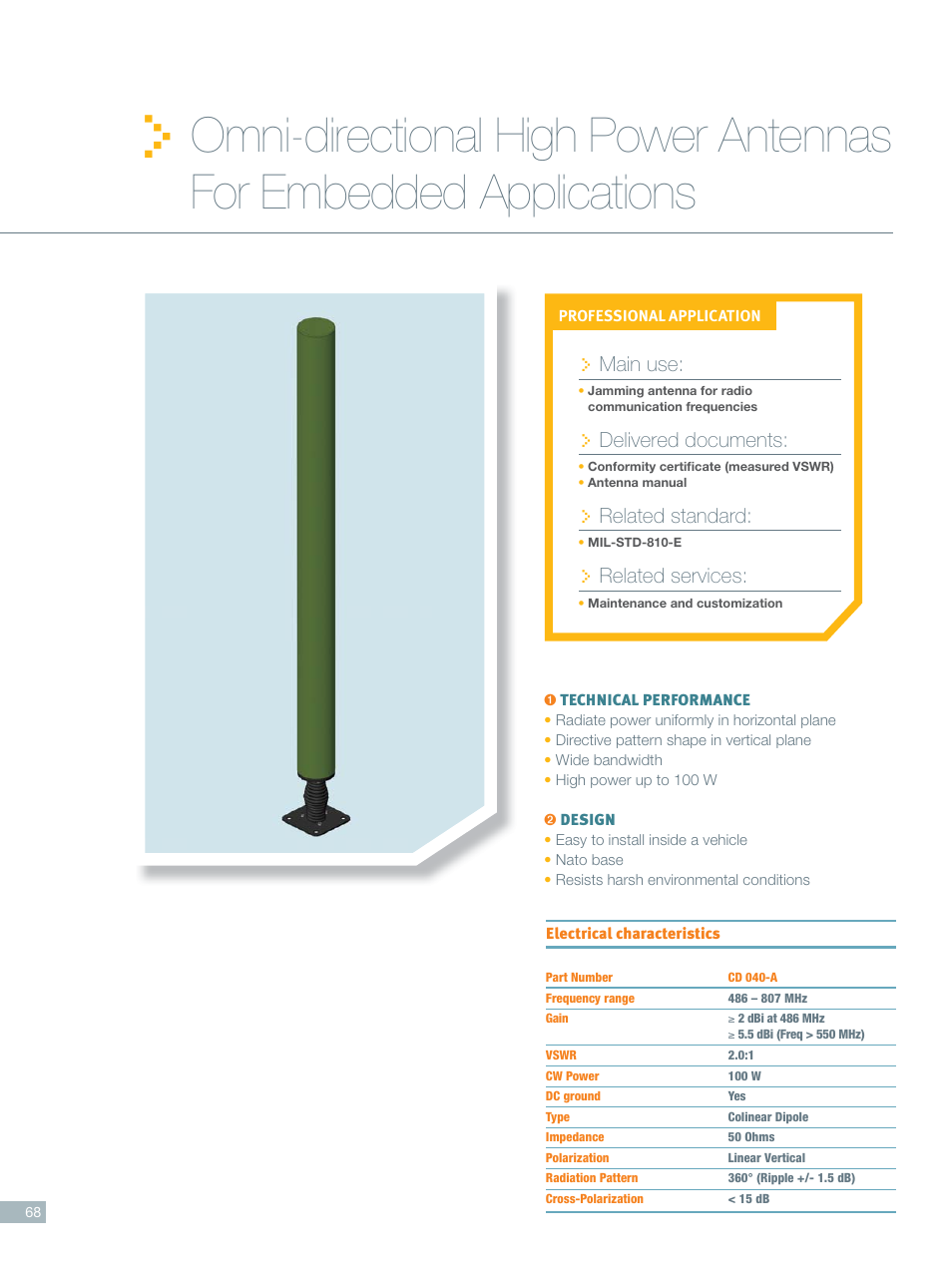 Omni high power_embedded_2011, Main use, Delivered documents | Related standard, Related services | ORBIT FR Omni-directional antennas User Manual | Page 3 / 6