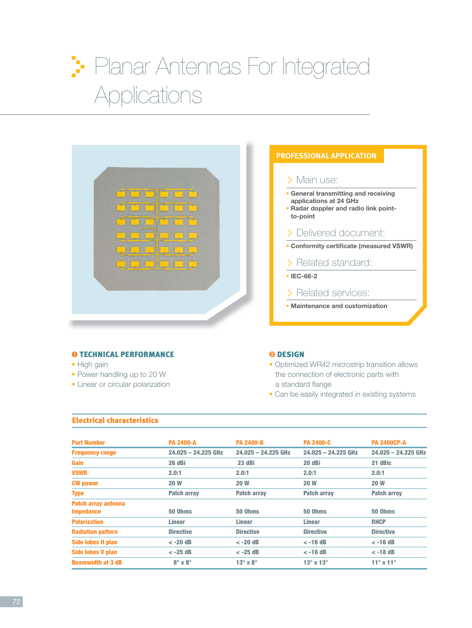 Planar_integrated_2011, Planar antennas for integrated applications, Main use | Delivered document, Related standard, Related services | ORBIT FR Planar antennas User Manual | Page 5 / 6
