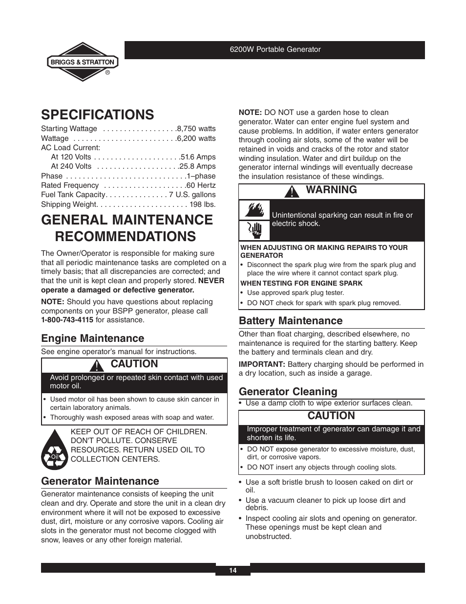 Specifications, General maintenance recommendations, Engine maintenance | Generator maintenance, Battery maintenance, Generator cleaning, Caution, Warning | Briggs & Stratton 030242 User Manual | Page 14 / 32