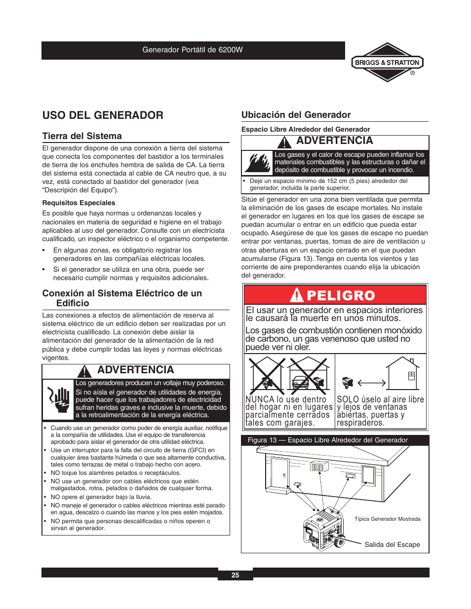 Uso del generador, Advertencia | Briggs & Stratton 030242 User Manual | Page 25 / 32