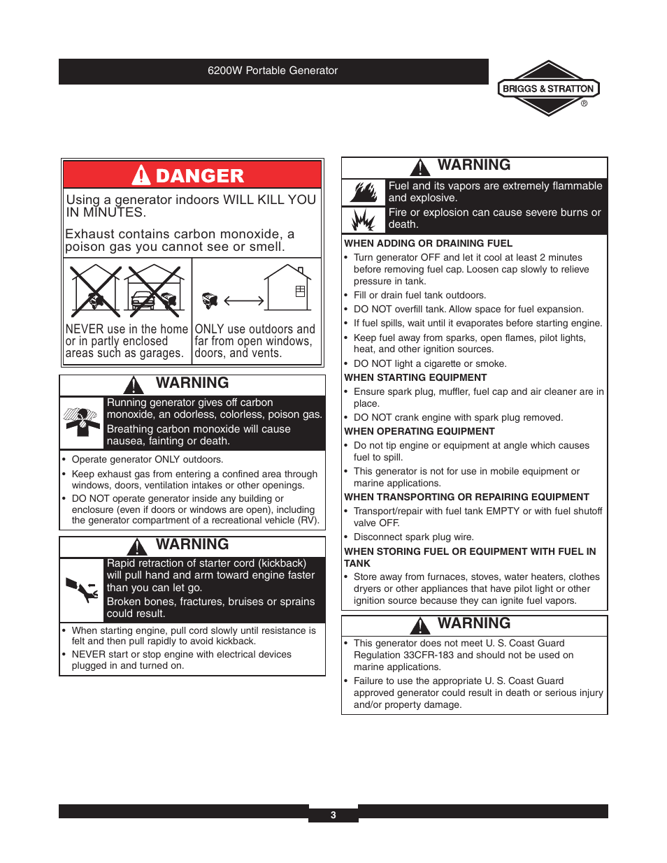 Warning | Briggs & Stratton 030242 User Manual | Page 3 / 32