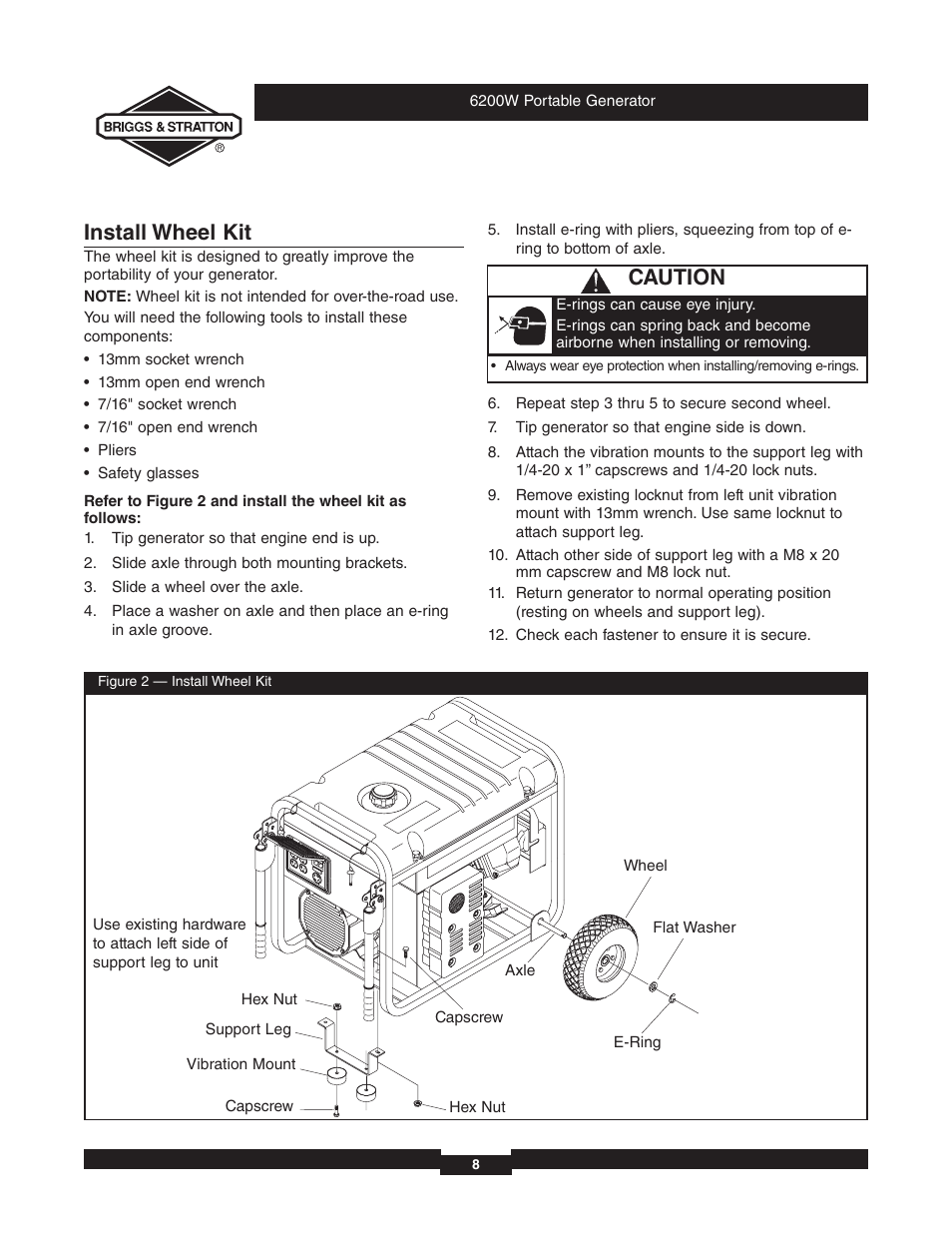 Install wheel kit, Caution | Briggs & Stratton 030242 User Manual | Page 8 / 32