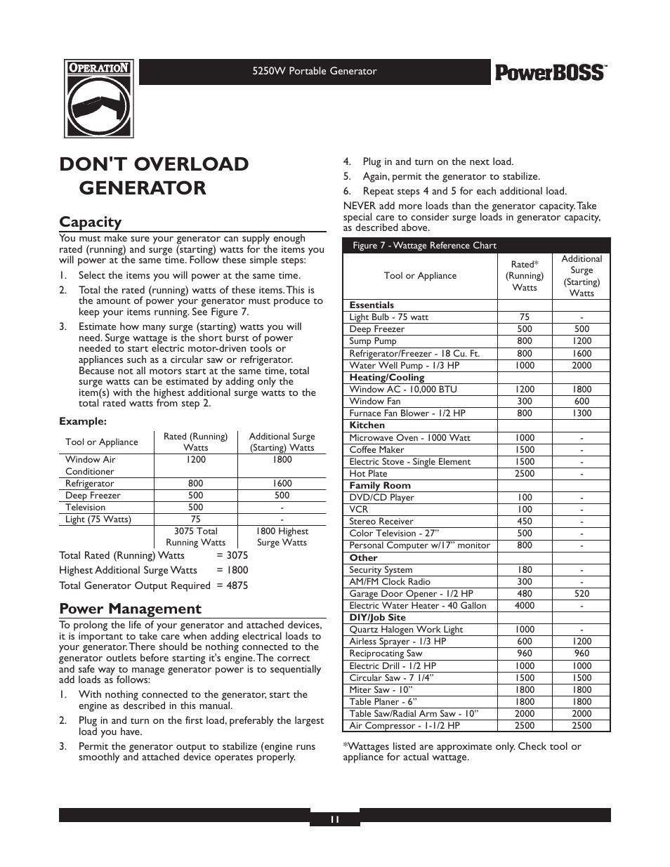 Don't overload generator, Capacity, Power management | Briggs & Stratton PowerBoss 30217 User Manual | Page 11 / 28