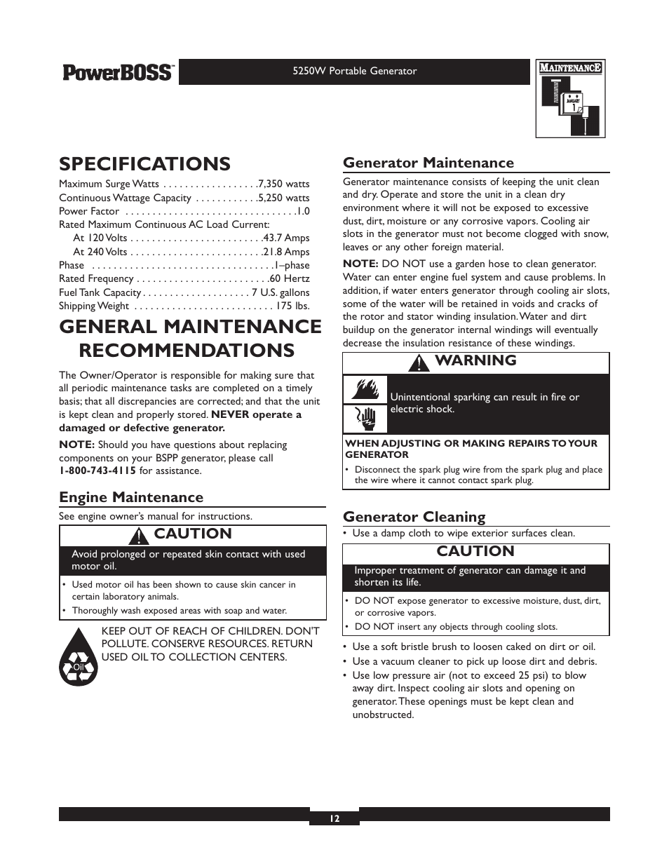 Specifications, General maintenance recommendations, Engine maintenance | Generator maintenance, Generator cleaning, Caution, Warning | Briggs & Stratton PowerBoss 30217 User Manual | Page 12 / 28