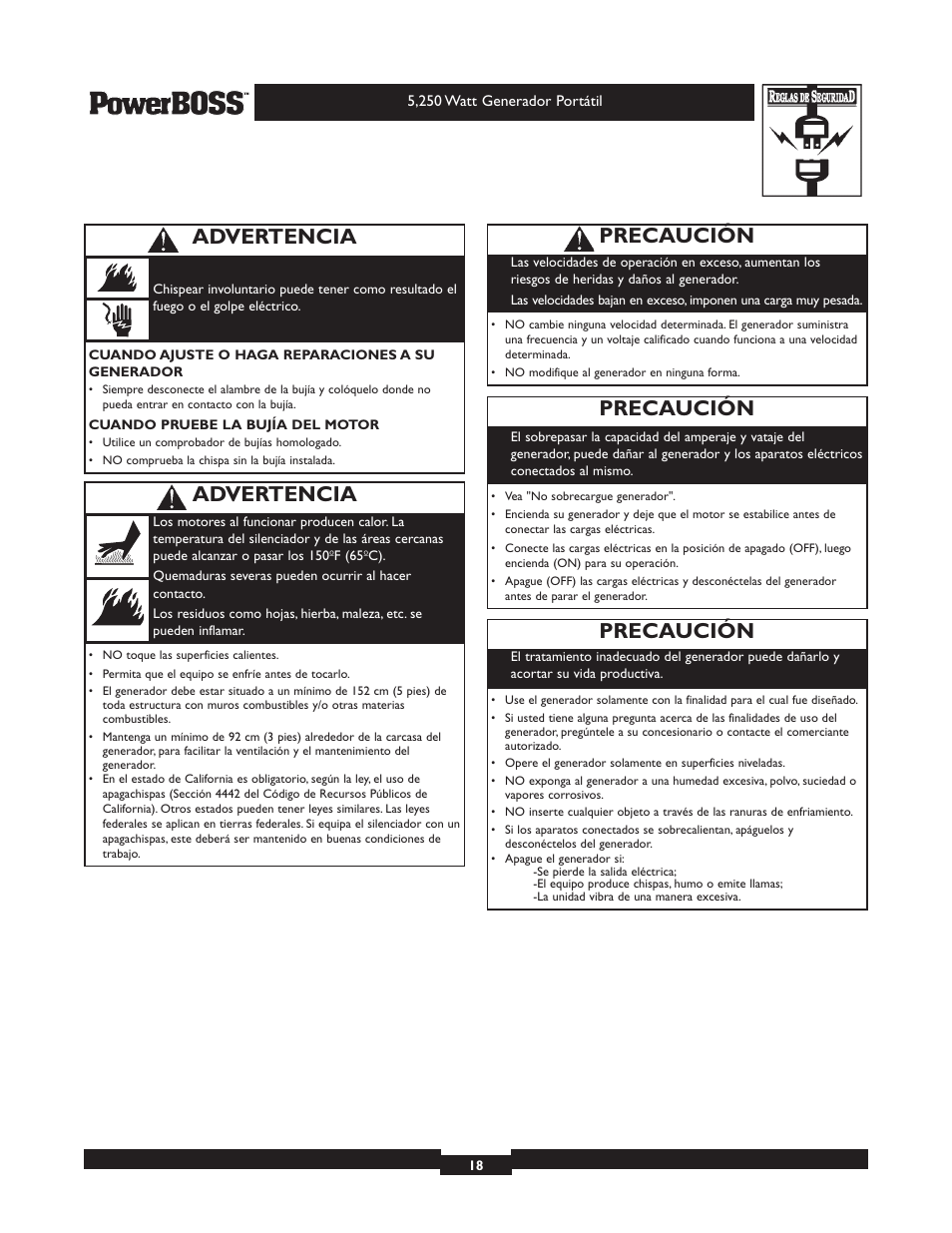 Precaución, Advertencia | Briggs & Stratton PowerBoss 30217 User Manual | Page 18 / 28