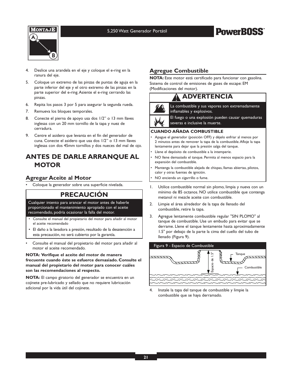 Antes de darle arranque al motor, Precaución, Advertencia | Agregar aceite al motor, Agregue combustible | Briggs & Stratton PowerBoss 30217 User Manual | Page 21 / 28