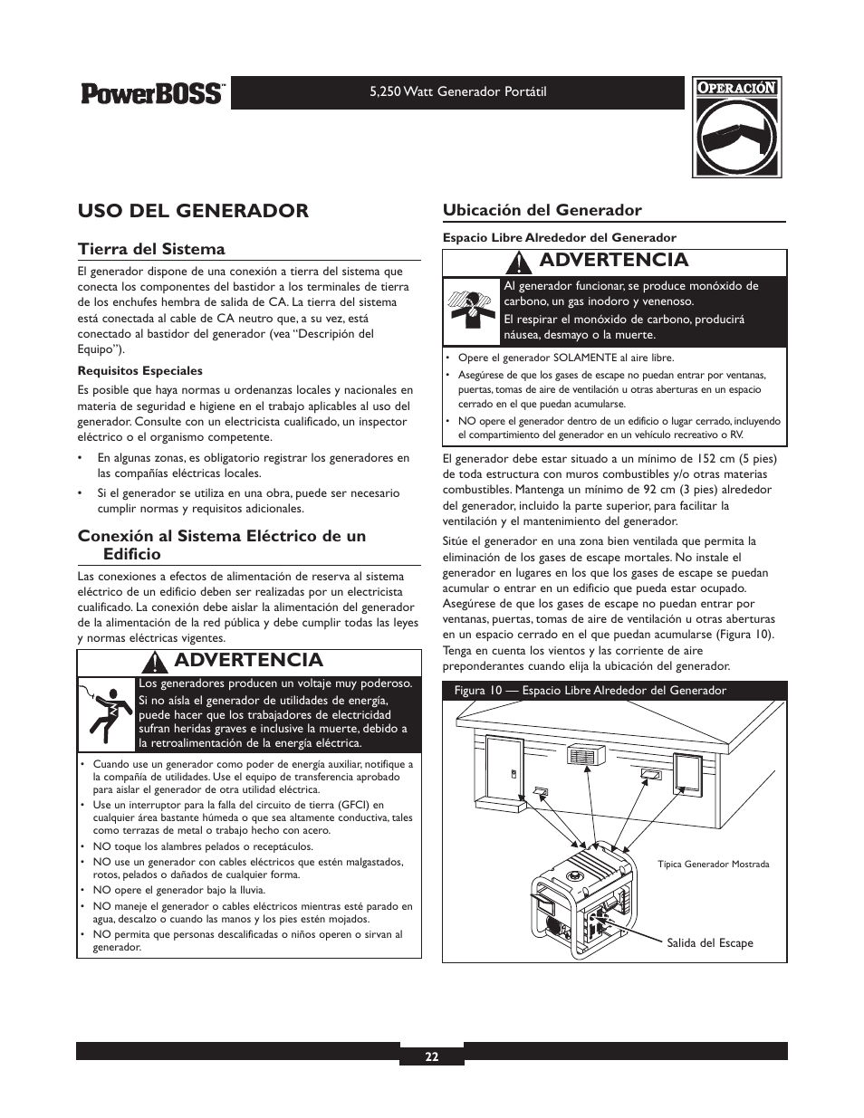 Uso del generador, Advertencia, Tierra del sistema | Conexión al sistema eléctrico de un edificio, Ubicación del generador | Briggs & Stratton PowerBoss 30217 User Manual | Page 22 / 28