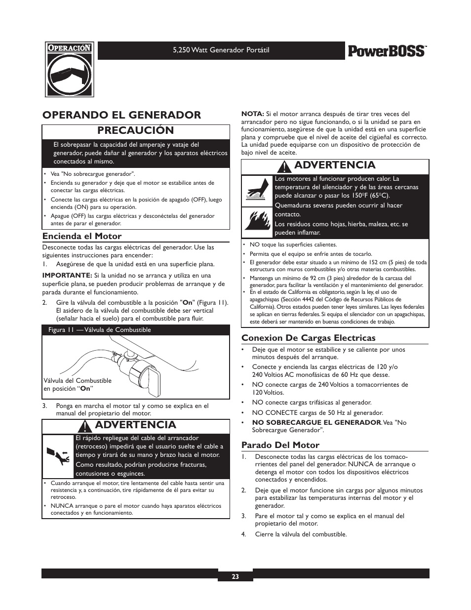 Operando el generador, Precaución, Advertencia | Encienda el motor, Conexion de cargas electricas, Parado del motor | Briggs & Stratton PowerBoss 30217 User Manual | Page 23 / 28
