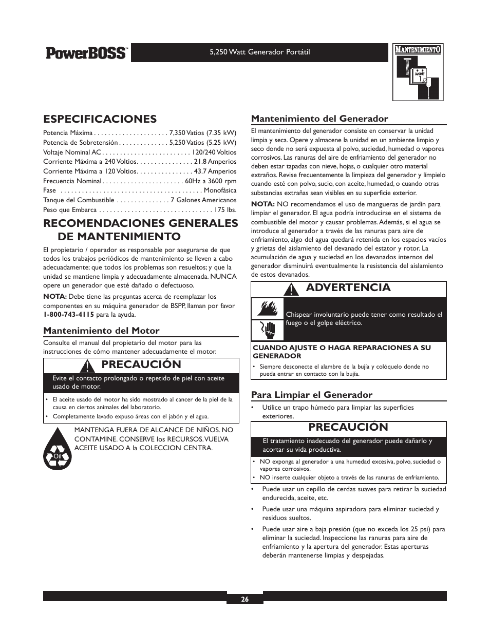 Especificaciones, Recomendaciones generales de mantenimiento, Precaución | Advertencia | Briggs & Stratton PowerBoss 30217 User Manual | Page 26 / 28