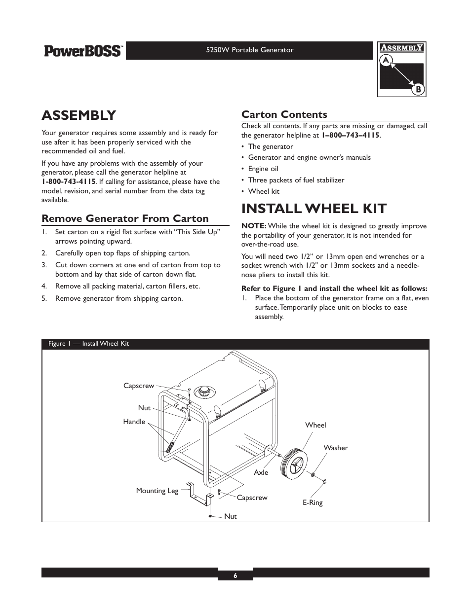 Assembly, Install wheel kit, Remove generator from carton | Carton contents | Briggs & Stratton PowerBoss 30217 User Manual | Page 6 / 28