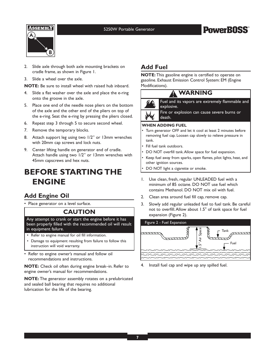 Before starting the engine, Add engine oil, Add fuel | Caution, Warning | Briggs & Stratton PowerBoss 30217 User Manual | Page 7 / 28