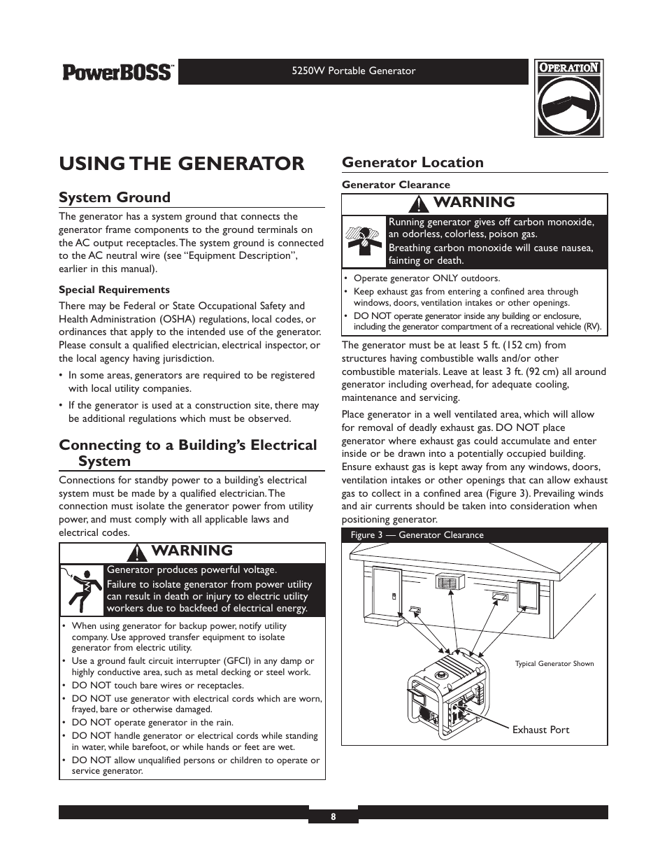 Using the generator, System ground, Connecting to a building’s electrical system | Generator location, Warning | Briggs & Stratton PowerBoss 30217 User Manual | Page 8 / 28