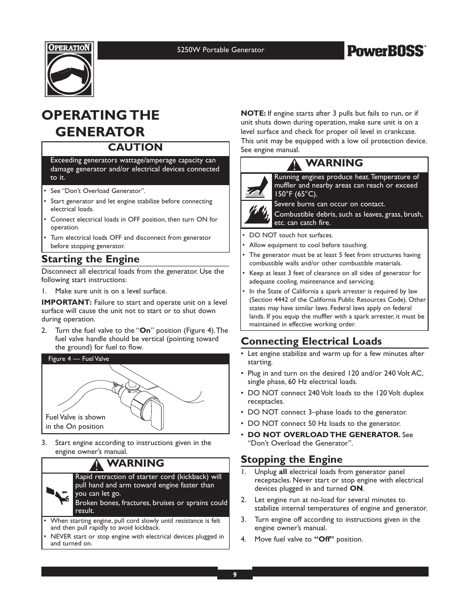 Operating the generator, Starting the engine, Connecting electrical loads | Stopping the engine, Caution, Warning | Briggs & Stratton PowerBoss 30217 User Manual | Page 9 / 28