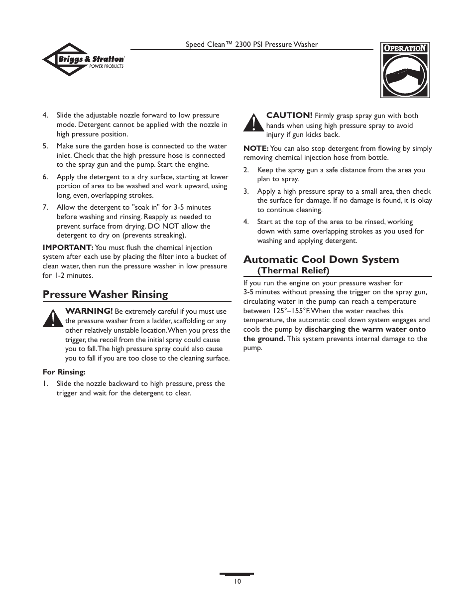 Pressure washer rinsing, Automatic cool down system | Briggs & Stratton 1909-0 User Manual | Page 10 / 32