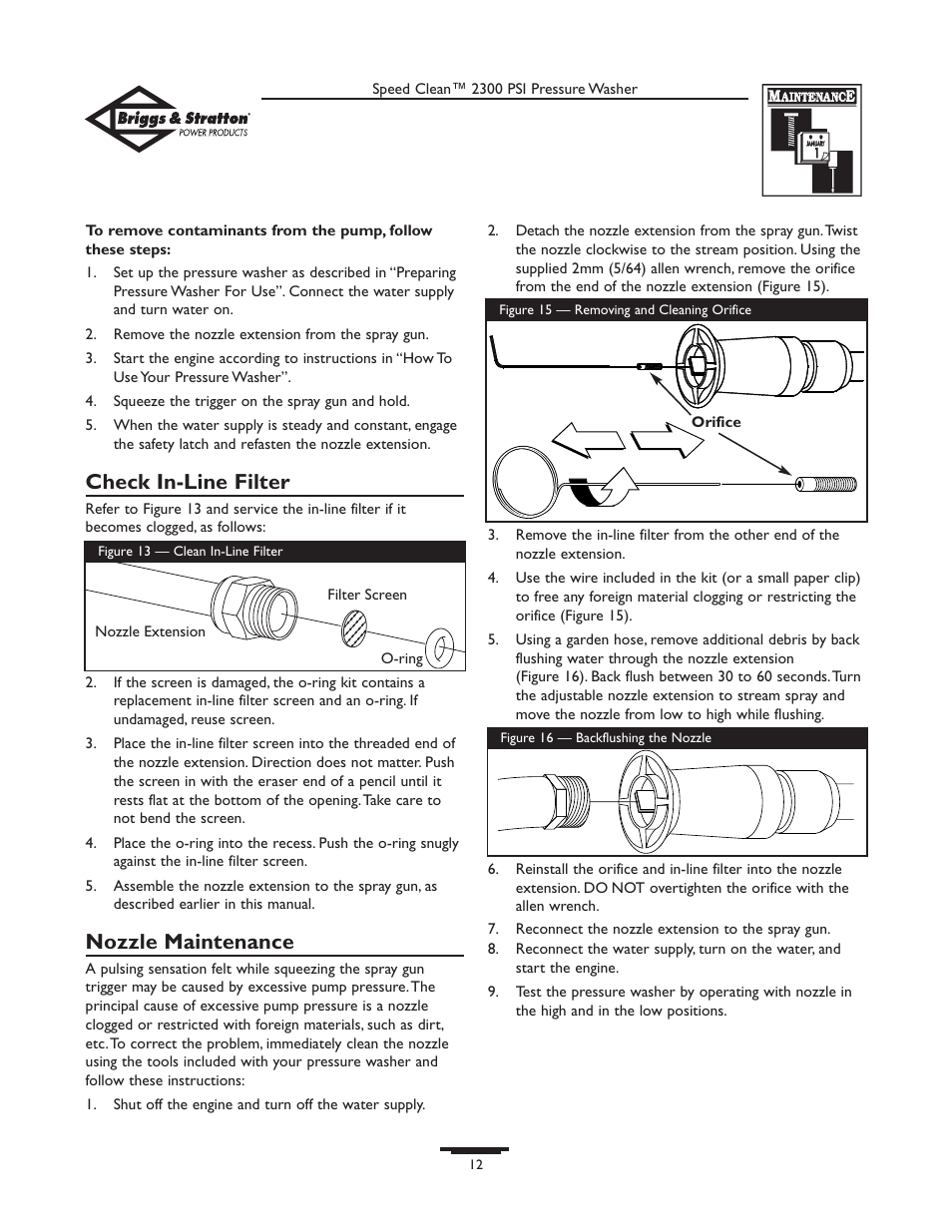 Check in-line filter, Nozzle maintenance | Briggs & Stratton 1909-0 User Manual | Page 12 / 32