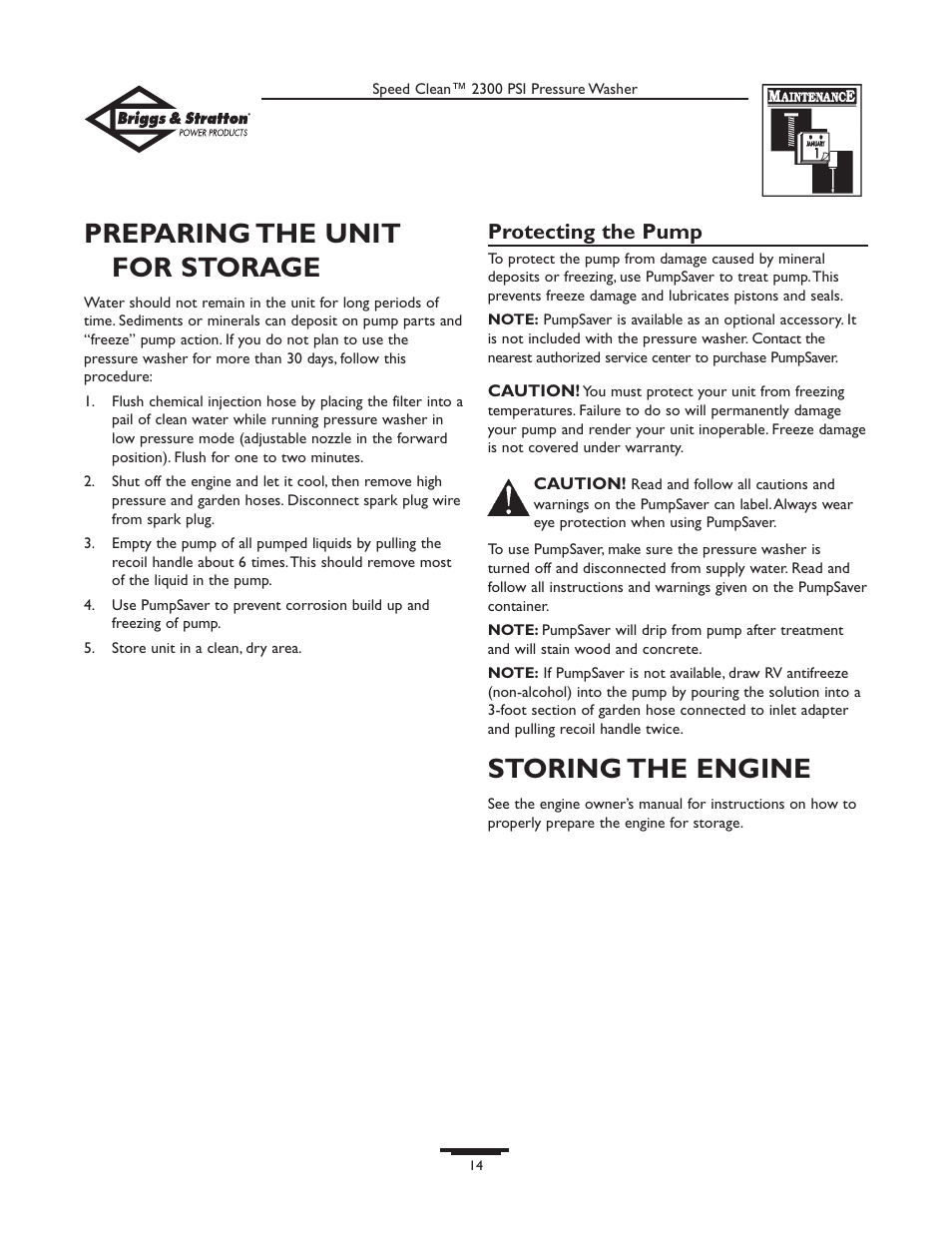 Preparing the unit for storage, Storing the engine, Protecting the pump | Briggs & Stratton 1909-0 User Manual | Page 14 / 32