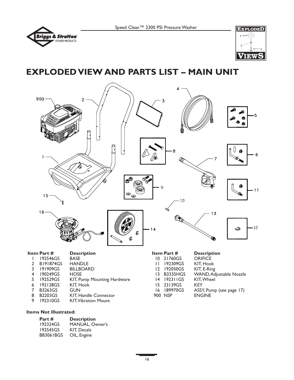 Exploded view and parts list – main unit | Briggs & Stratton 1909-0 User Manual | Page 16 / 32