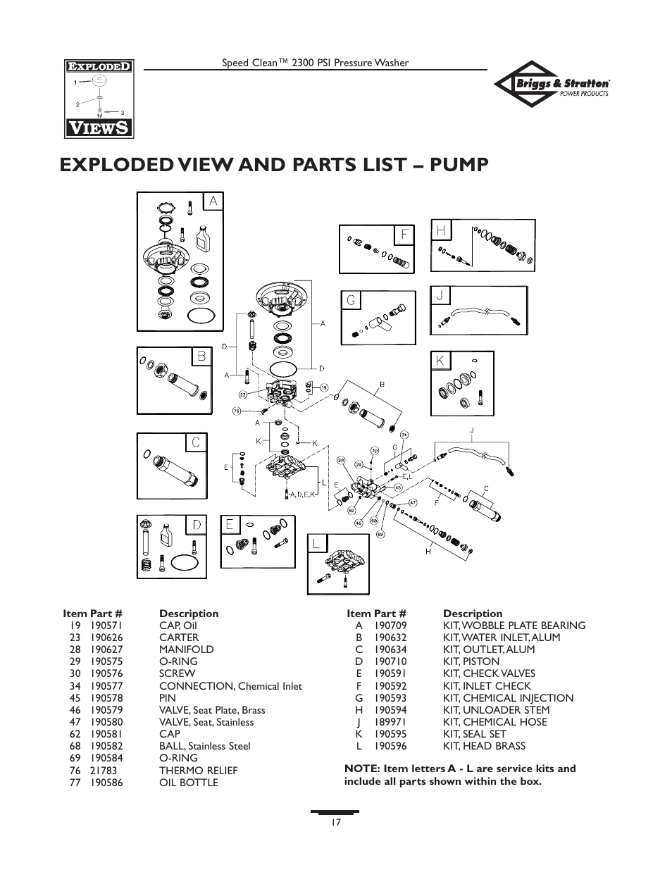 Exploded view and parts list – pump | Briggs & Stratton 1909-0 User Manual | Page 17 / 32