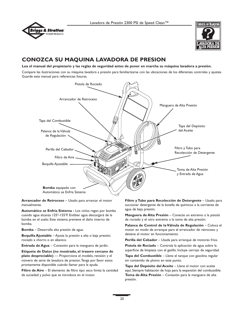 Conozca su maquina lavadora de presion | Briggs & Stratton 1909-0 User Manual | Page 20 / 32