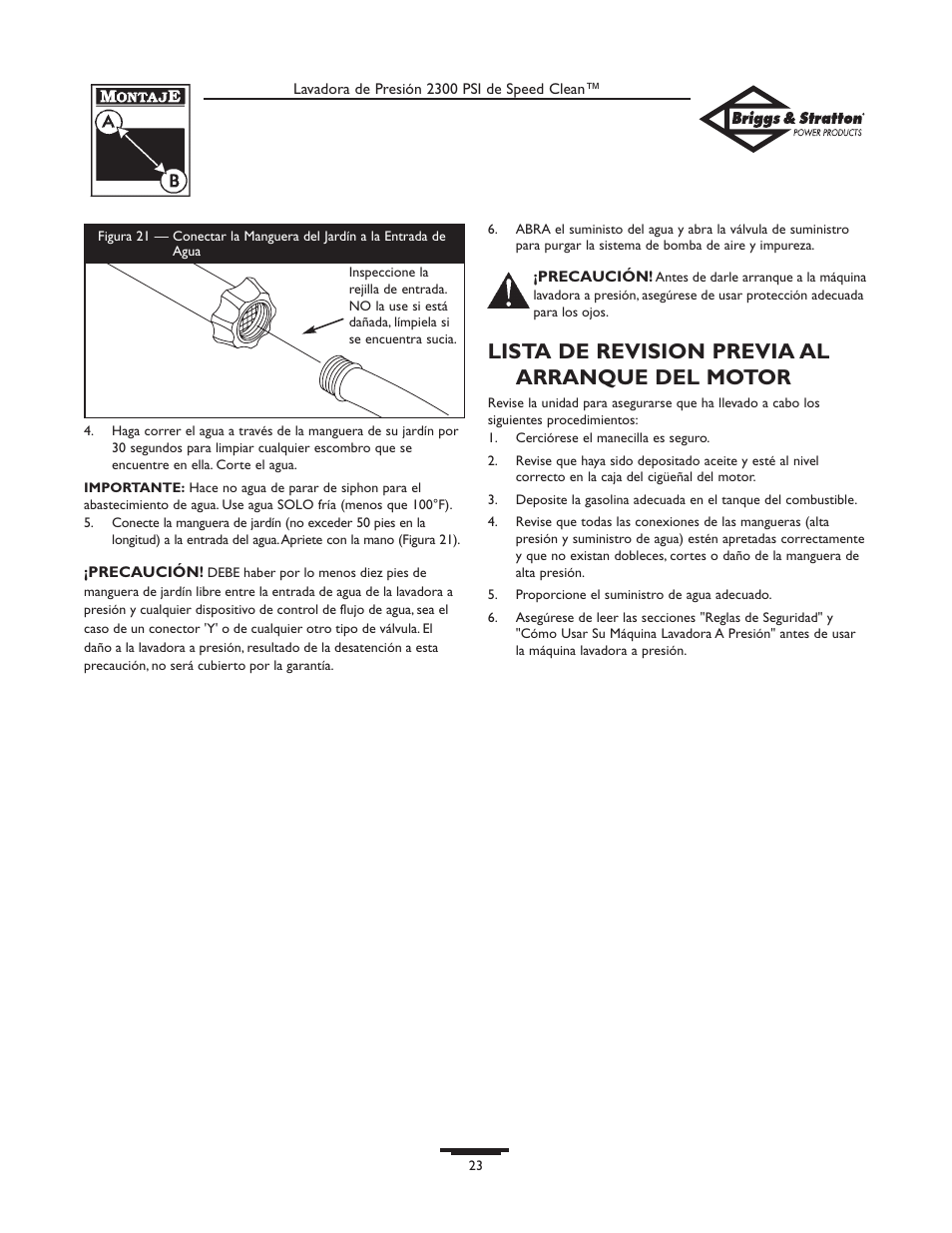 Lista de revision previa al arranque del motor | Briggs & Stratton 1909-0 User Manual | Page 23 / 32
