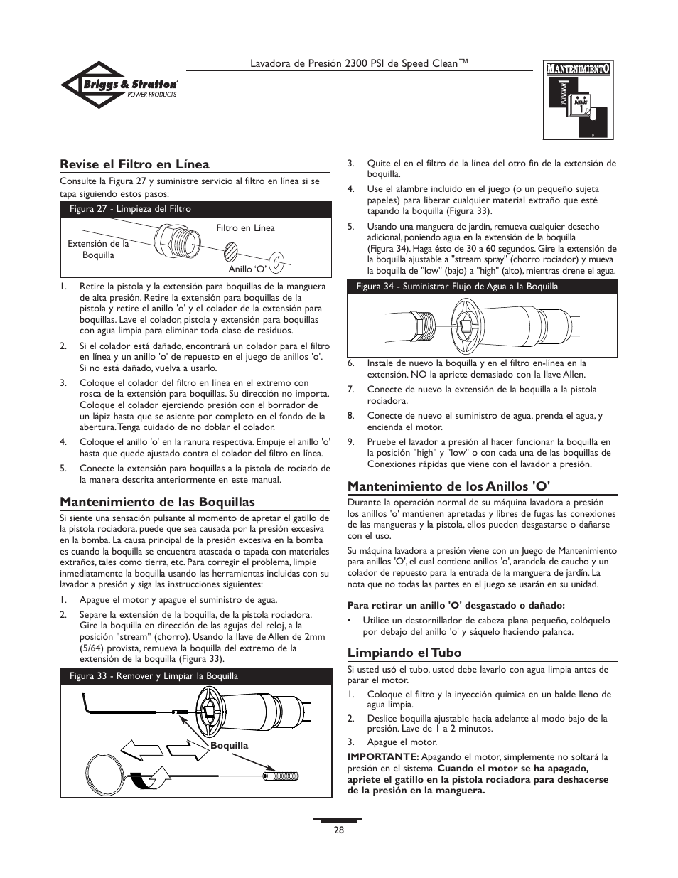 Revise el filtro en línea, Mantenimiento de las boquillas, Mantenimiento de los anillos 'o | Limpiando el tubo | Briggs & Stratton 1909-0 User Manual | Page 28 / 32
