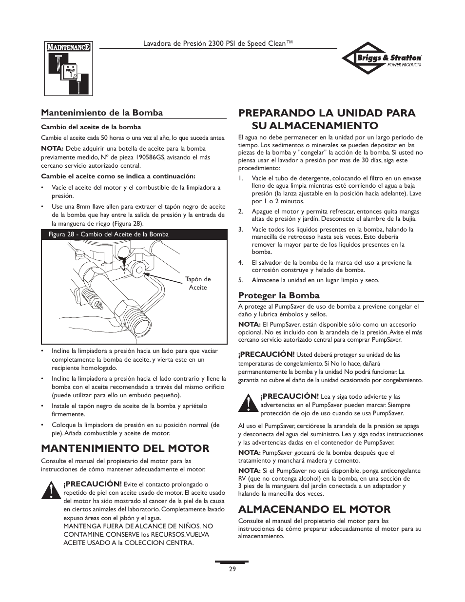 Mantenimiento del motor, Preparando la unidad para su almacenamiento, Almacenando el motor | Briggs & Stratton 1909-0 User Manual | Page 29 / 32