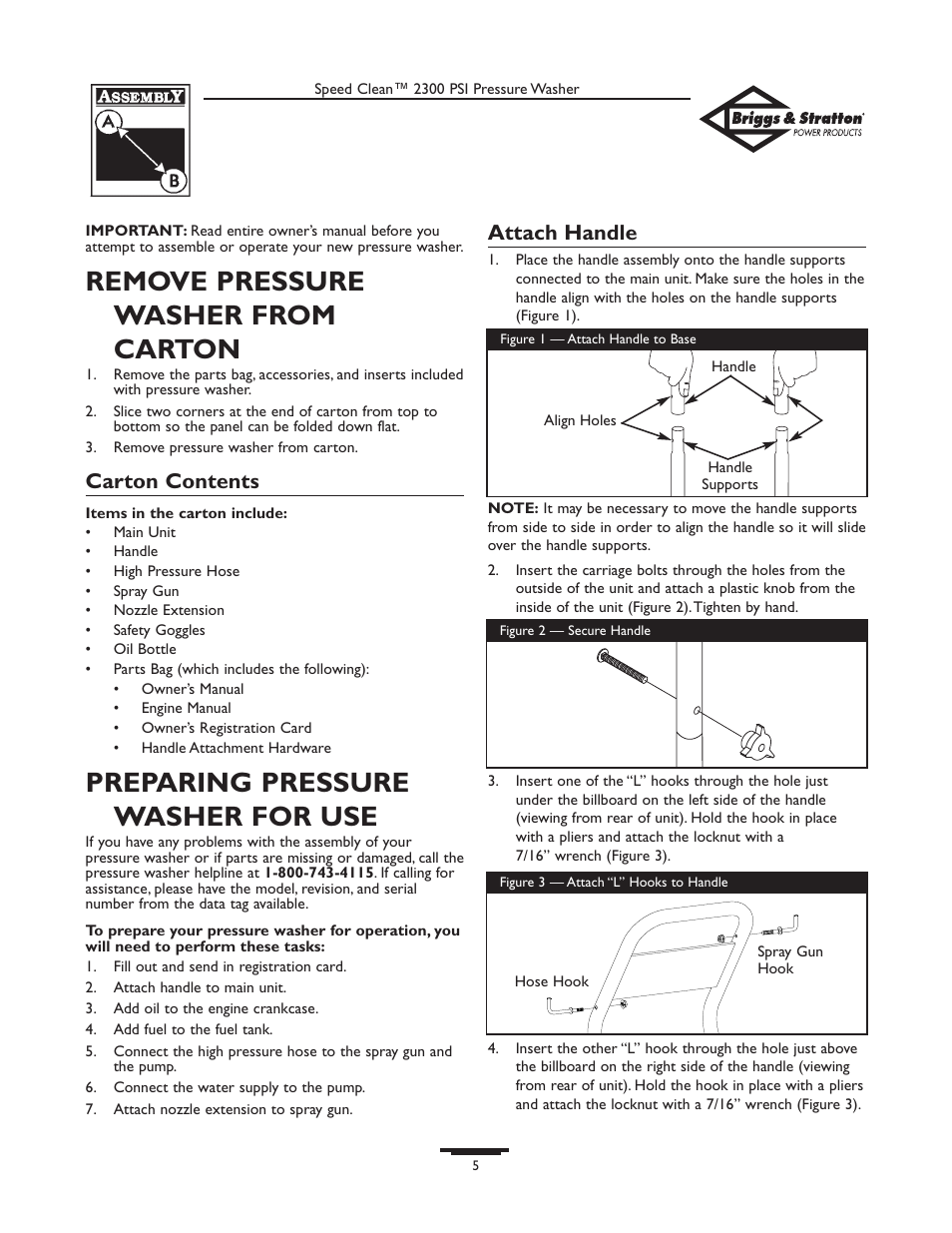 Remove pressure washer from carton, Preparing pressure washer for use, Carton contents | Attach handle | Briggs & Stratton 1909-0 User Manual | Page 5 / 32
