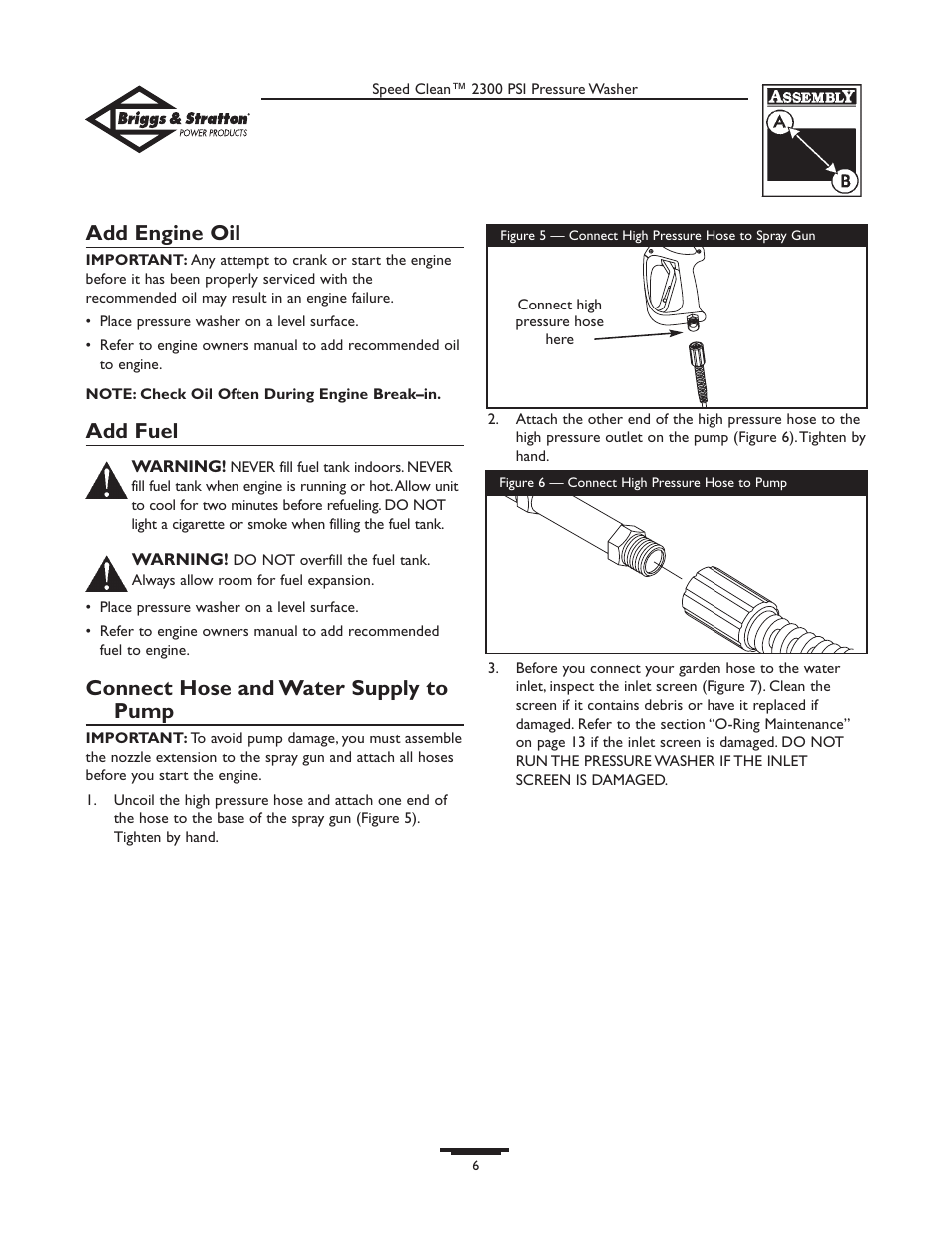 Add engine oil, Add fuel, Connect hose and water supply to pump | Briggs & Stratton 1909-0 User Manual | Page 6 / 32