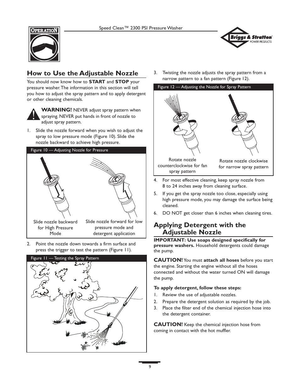 How to use the adjustable nozzle, Applying detergent with the adjustable nozzle | Briggs & Stratton 1909-0 User Manual | Page 9 / 32