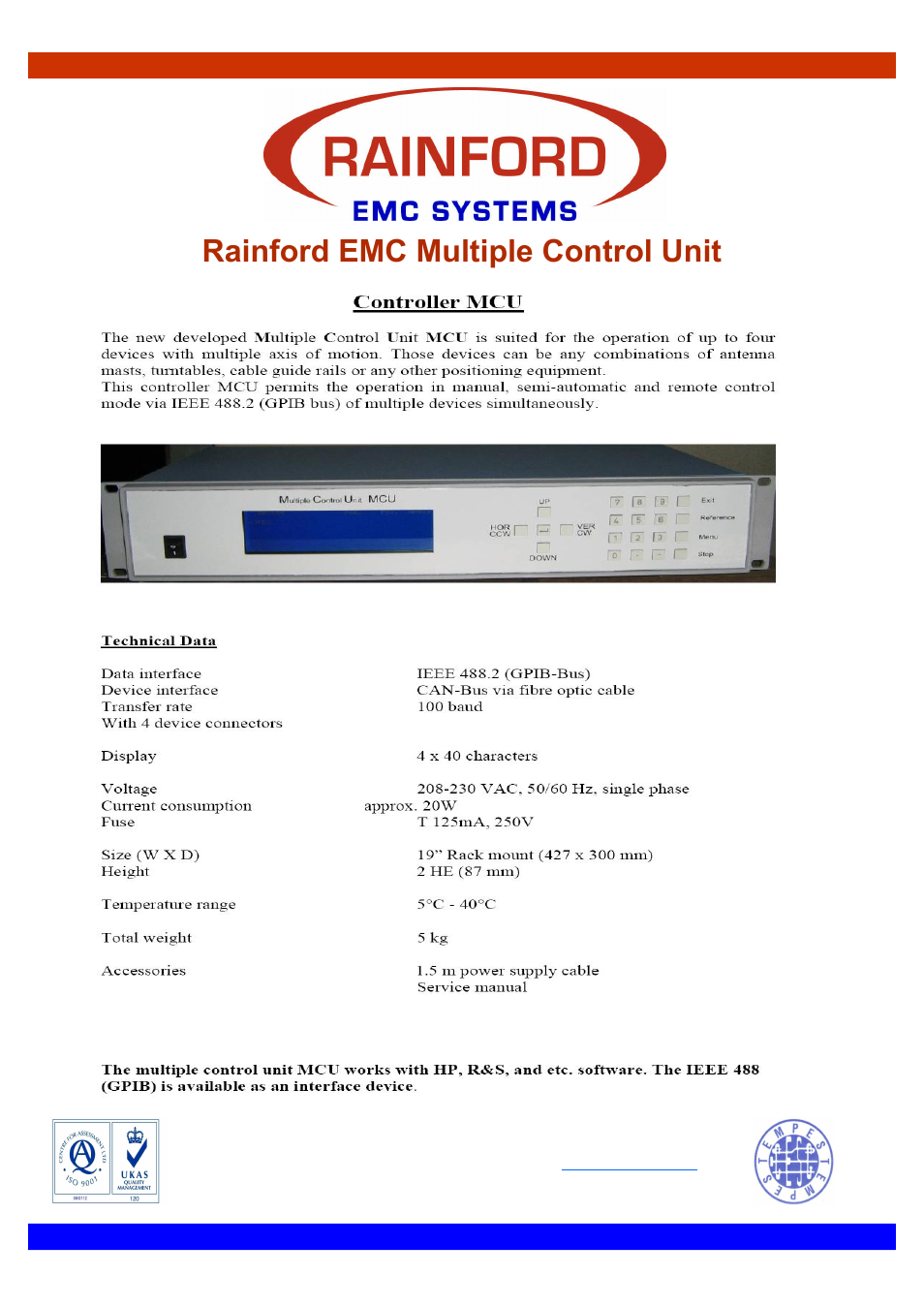 Datasheet emc mcu.pdf, Rainford emc multiple control unit | ORBIT FR Chamber Accessories User Manual | Page 2 / 11