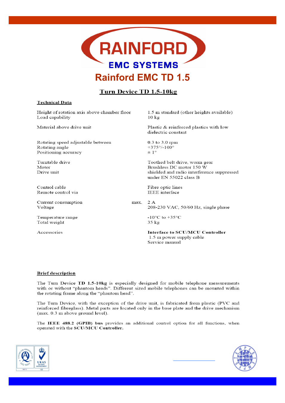 Datasheet emc td 1.5.pdf, Rainford emc td 1.5 | ORBIT FR Chamber Accessories User Manual | Page 6 / 11