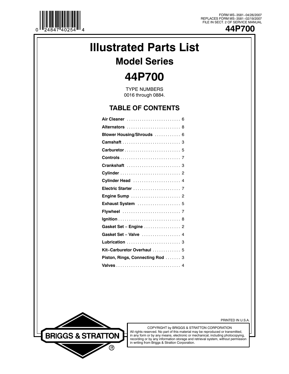 Briggs & Stratton 44P700 User Manual | 12 pages