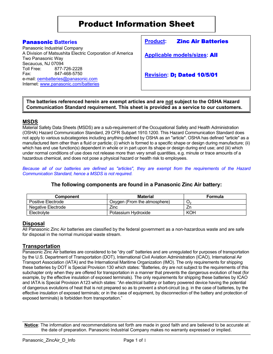 R&D Batteries Zinc Air BAtteries User Manual | 1 page