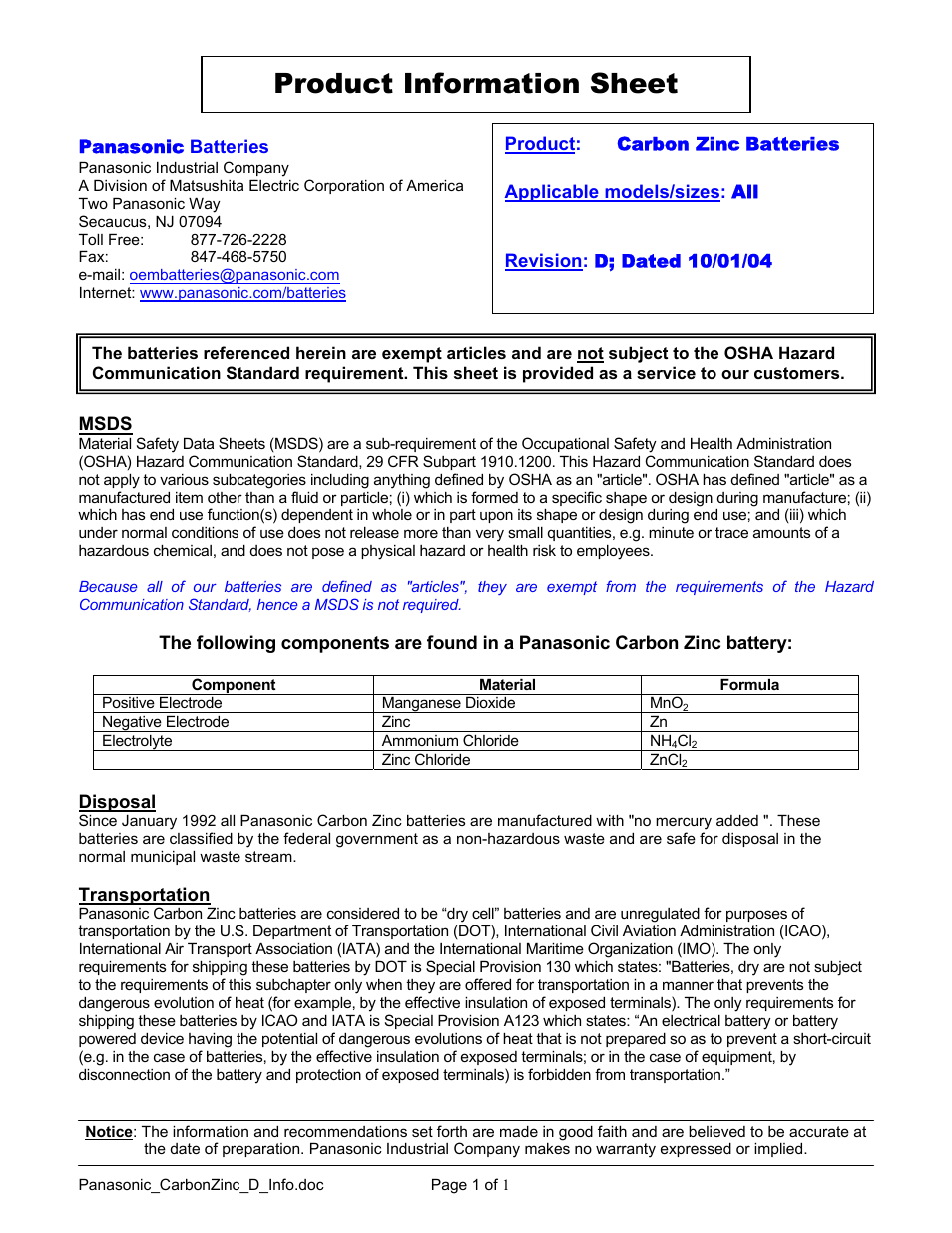 R&D Batteries Carbon Zinc Batteries User Manual | 1 page