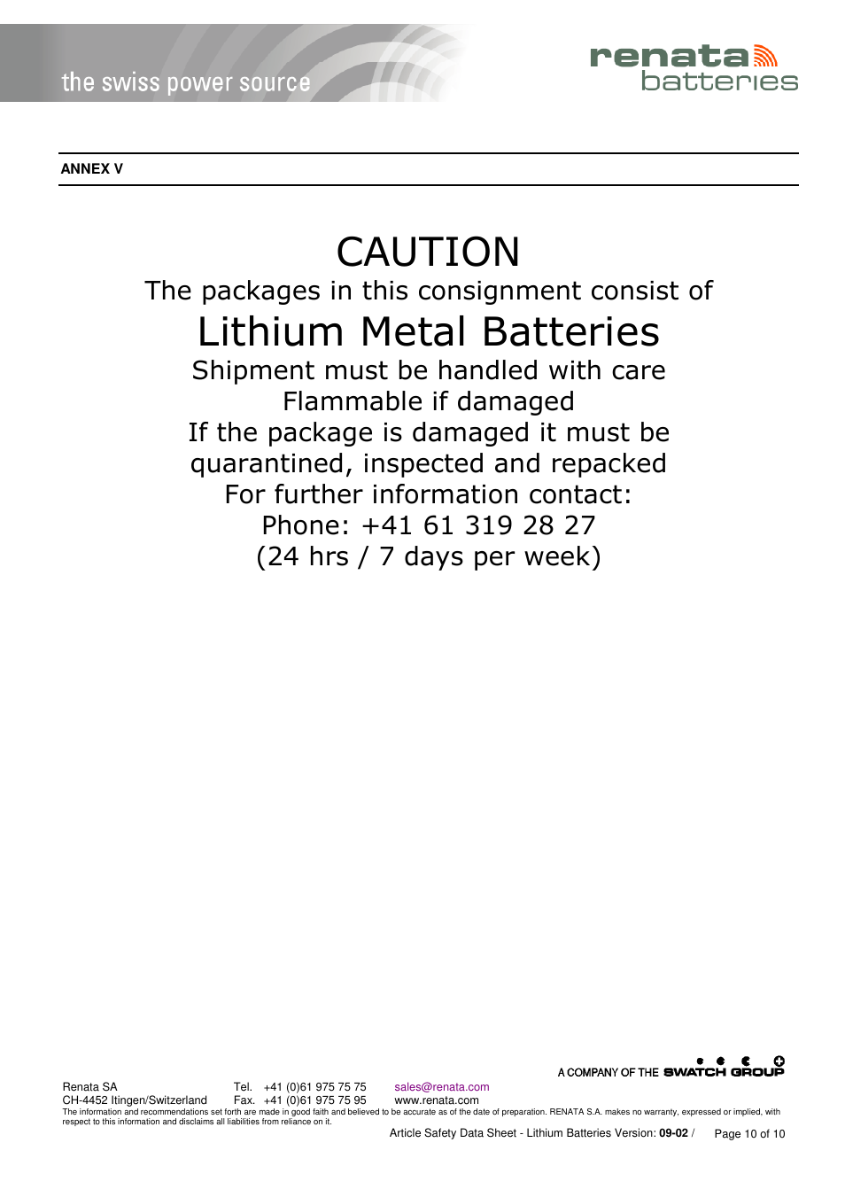 Caution, Lithium metal batteries, The packages in this consignment consist of | R&D Batteries Lithium CR Batteries User Manual | Page 10 / 10