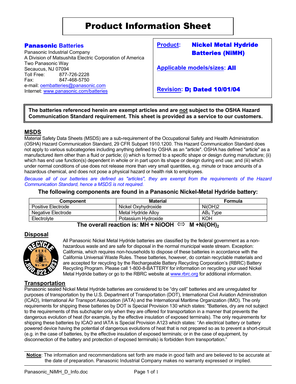 R&D Batteries NiMH Batteries User Manual | 1 page