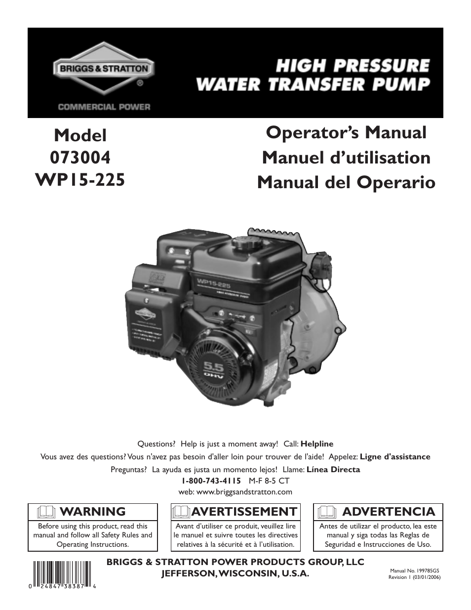 Briggs & Stratton 073004 WP15-225 User Manual | 64 pages