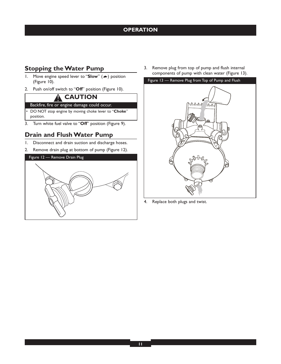 Stopping the water pump, Drain and flush water pump, Caution | Briggs & Stratton 073004 WP15-225 User Manual | Page 11 / 64