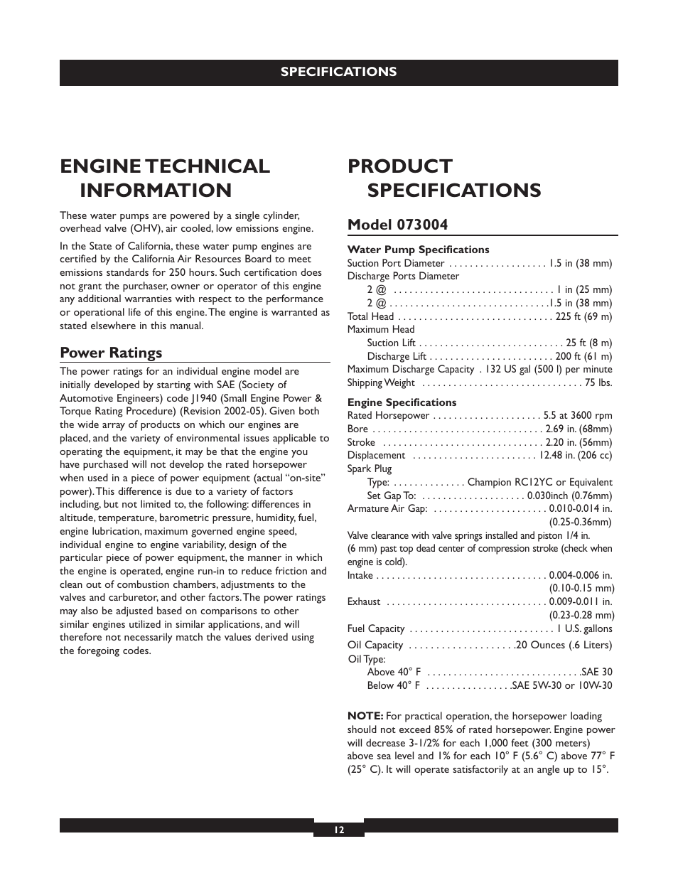 Engine technical information, Product specifications, Power ratings | Briggs & Stratton 073004 WP15-225 User Manual | Page 12 / 64