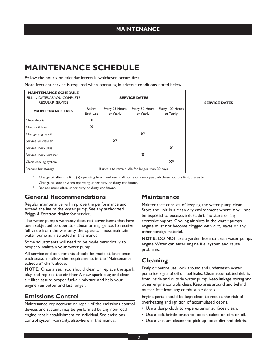 Maintenance schedule, General recommendations, Emissions control | Maintenance, Cleaning | Briggs & Stratton 073004 WP15-225 User Manual | Page 13 / 64