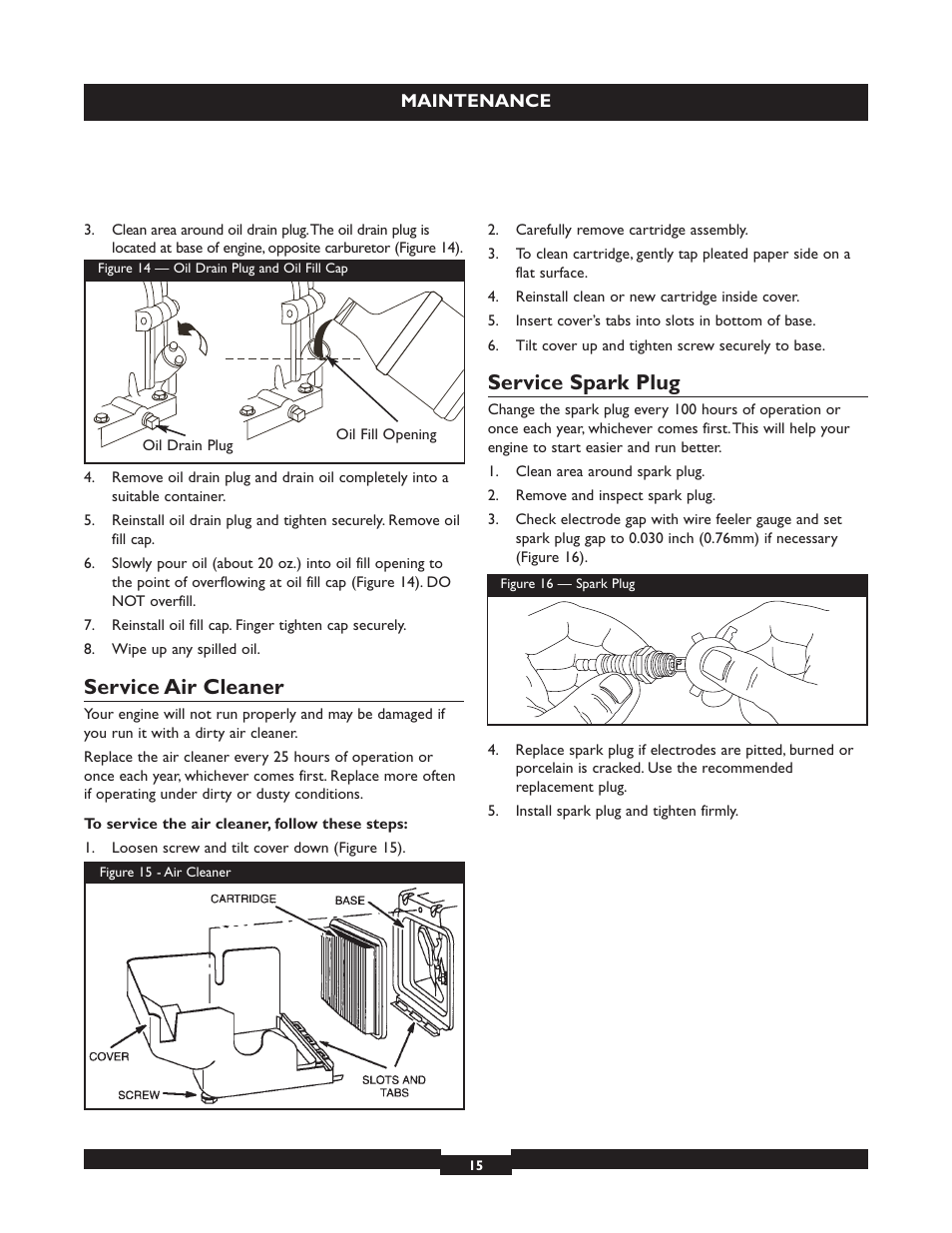 Service air cleaner, Service spark plug | Briggs & Stratton 073004 WP15-225 User Manual | Page 15 / 64