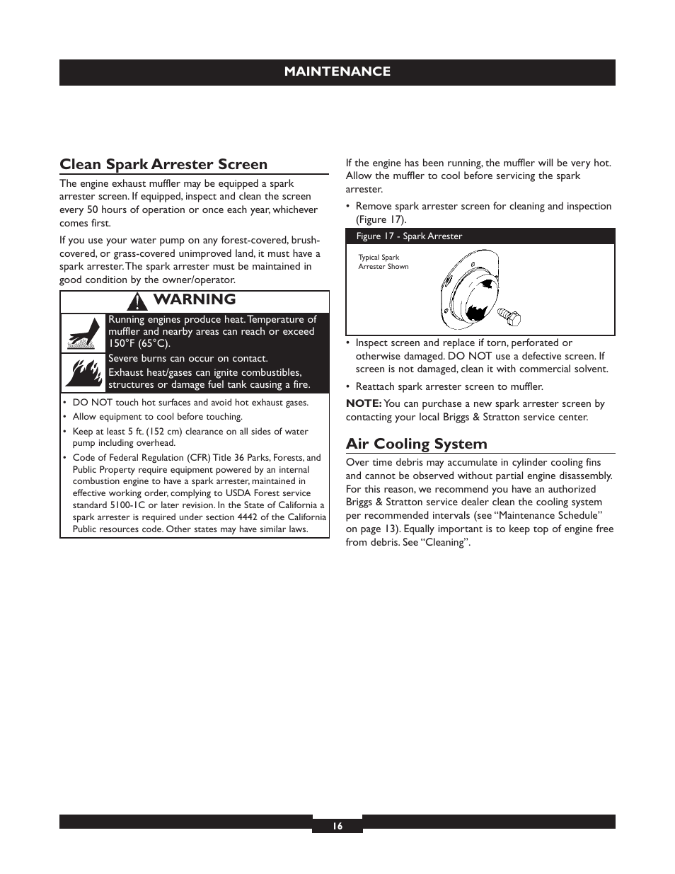 Clean spark arrester screen, Air cooling system, Warning | Briggs & Stratton 073004 WP15-225 User Manual | Page 16 / 64