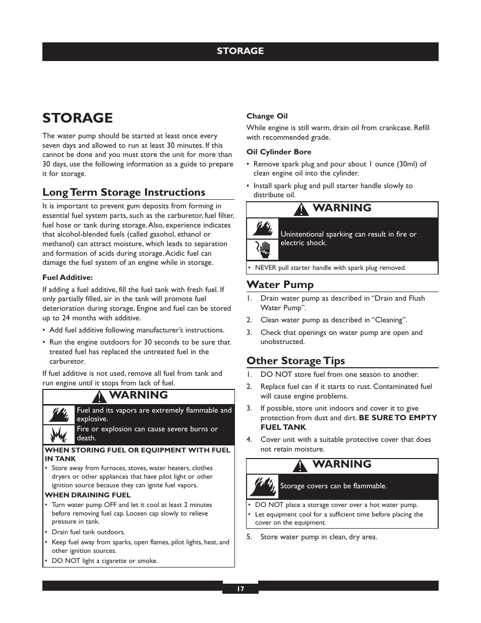 Storage, Long term storage instructions, Water pump | Other storage tips, Warning | Briggs & Stratton 073004 WP15-225 User Manual | Page 17 / 64