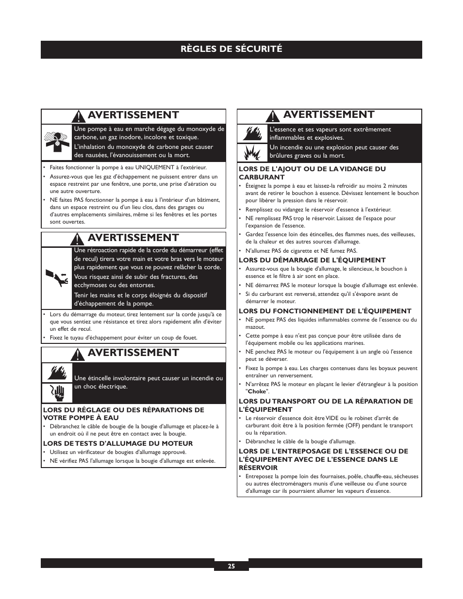 Avertissement, Règles de sécurité | Briggs & Stratton 073004 WP15-225 User Manual | Page 25 / 64