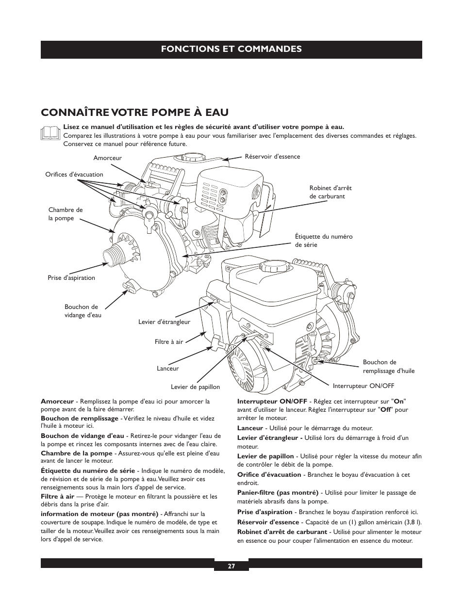 Connaître votre pompe à eau, Fonctions et commandes | Briggs & Stratton 073004 WP15-225 User Manual | Page 27 / 64