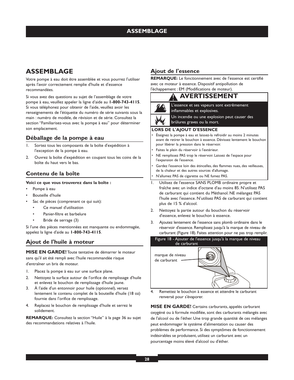 Avertissement, Assemblage, Déballage de la pompe à eau | Contenu de la boîte, Ajout de l'huile à moteur, Ajout de l'essence | Briggs & Stratton 073004 WP15-225 User Manual | Page 28 / 64